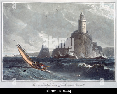 Le phare "drakkars au large de la fin des terres, Cornwall', 1814. Artiste : William Daniell Banque D'Images