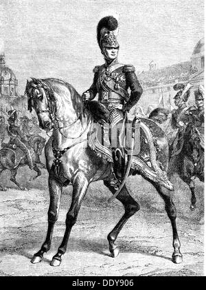 Charles Ferdinand, 24.1.1778 - 14.2.1820, duc de Berry, pleine longueur sur cheval dans l'uniforme d'un officier du ragoon, gravure sur bois, XIXe siècle, Banque D'Images