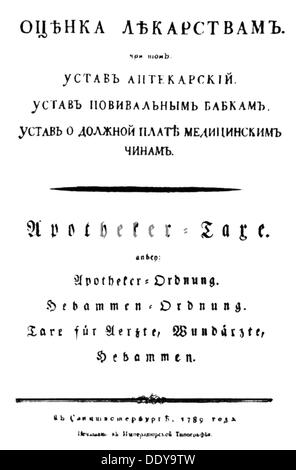 Médecine, manuels, code de conduite pour les apothicaires, page de titre, 1789, droits additionnels-Clearences-non disponible Banque D'Images