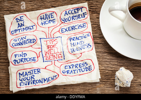 Conseils pour bien-être - une serviette de doodle avec une tasse de café Banque D'Images