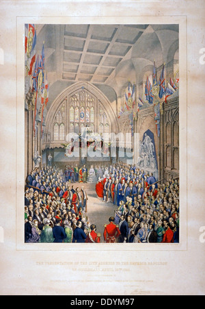 Visite de Napoléon III et l'Impératrice Eugénie de France, Guildhall, ville de Londres, 1855. Artiste : T Turner Banque D'Images