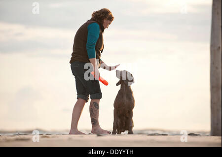 Femme avec un arrêt sur la plage, Schleswig-Holstein Banque D'Images