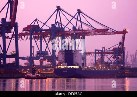 Porte-conteneur est chargé au crépuscule, Terminal à conteneurs Altenwerder, port de Hambourg, Hambourg Banque D'Images