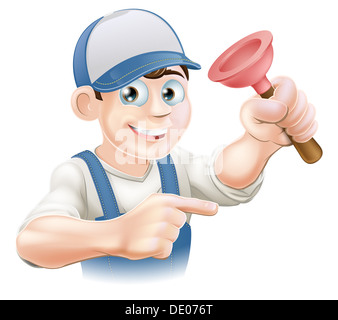 Cartoon plombier ou concierge tenant un piston en caoutchouc et de pointage Banque D'Images