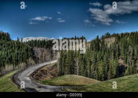 Une tour sur l'Autoroute # 546, dans la zone de la rivière Sheep de Kananaskis. Ciel bleu, dramatique nuages blancs à travers une forêt luxuriante d'enroulement Banque D'Images