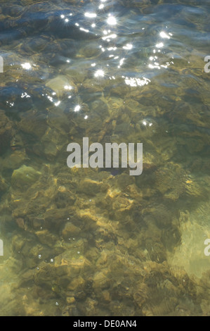 Le soleil brillait sur la mer bleue et verte à faible profondeur de l'eau sur le rivage, sur la côte de l'Algarve, au Portugal. Banque D'Images