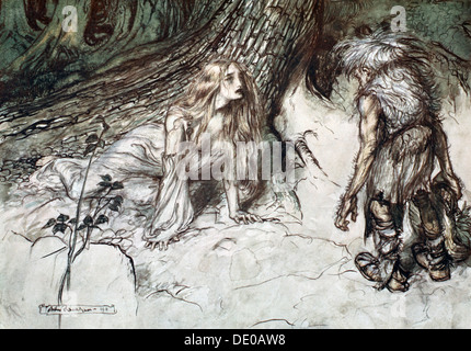 'Mime conclut la mère de Siegfried dans la forêt', 1924. Artiste : Arthur Rackham Banque D'Images