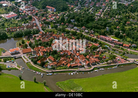 Vue aérienne, de la vieille ville de Düsseldorf avec ses affluents Jeetzel et Altjeetzel, fleuve d'Elbe Banque D'Images