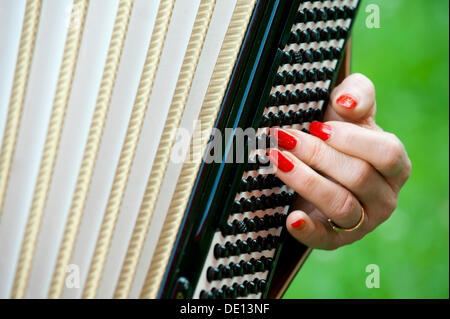 Main d'un joueur d'accordéon de sexe féminin, les ongles rouges sur le registre grave Banque D'Images