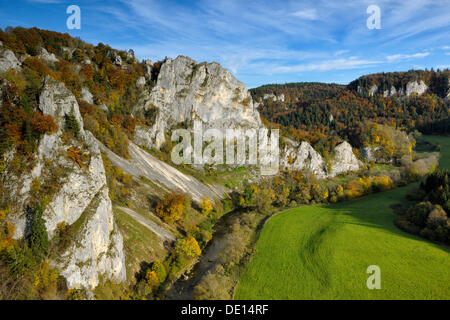 Paysage rocheux dans la haute vallée du Danube, l'automne humeur, Stiegelesfels Réserve Naturelle, Parc Naturel du Danube supérieur, Jura Souabe Banque D'Images