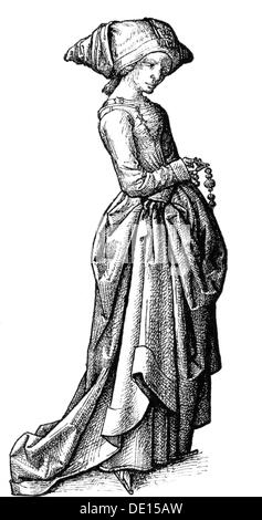 Mode, Moyen âge, vêtements de femme de commoner, dessin au stylo, gravure en bois, 19e siècle, XIIIe siècle, graphique, graphiques, vêtements, tenue, tenues, pleine longueur, debout, robe, robes, mode pour femmes, coiffeur, coiffures, bonnet, bonnets, citoyen, citoyens, mode pour femmes, vêtements pour femmes, dessin au stylo, dessin au stylo et à l'encre, historique, historique, historique, femme, personnage historique, femme, femme, femme, Medieval, droits supplémentaires-Clearences-non disponible Banque D'Images