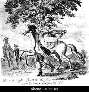 People, Women, 16e - 18e siècle, 'la Cavalcata Infortunata', la femme est à cheval comme un homme à travers le Tiergarten de Berlin, gravure par Daniel Chodowiecki, 1784, droits additionnels-Clearences-non disponible Banque D'Images