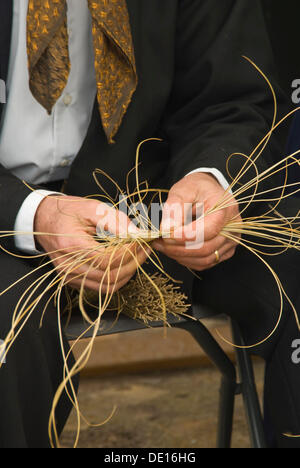 Les mains d'un homme la préparation de sparterie pour en faire des paniers au Santa Eulalia annuellement l'artisanat traditionnel juste, Santa Eulalia, Ibiza Banque D'Images