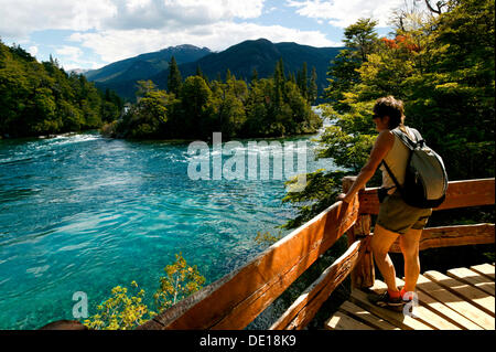 Donnant sur la rivière Arrayanes Rio touristique, parc national Los Alerces, Esquel, Chubut, Patagonie, Argentine, Amérique du Sud Banque D'Images