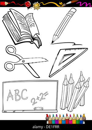 Livre de coloriage ou une page de bande dessinée de vulgarisation de l'école noir et blanc Objets Définir pour les enfants l'Éducation Banque D'Images