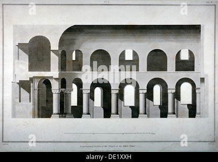 Section longitudinale du St John's chapelle dans la Tour Blanche, la Tour de Londres, 1815. Artiste : James Basire II Banque D'Images