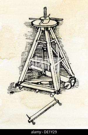 Croquis de Léonard de Vinci pour une machine de levage en colonnes en pierre ou en position. Gravure sur bois avec un lavage à l'aquarelle Banque D'Images