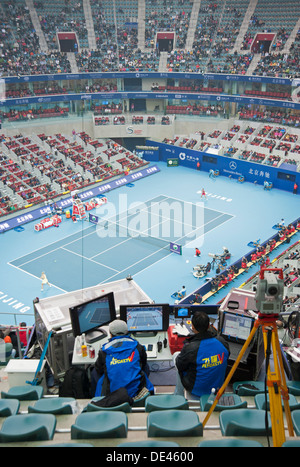 Flycam opérateur du match entre Wozniacki et Pennetta au China Tennis Open à Pékin le 7/10/2011 Banque D'Images