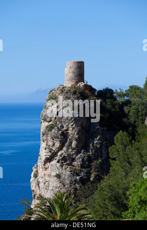 Tower Torre de ses dessins animés, tour d'observation près de Banyalbufar, Serra de Tramuntana, côte nord-ouest, Majorque Banque D'Images