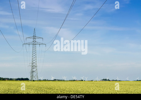 La connexion en réseau et de l'électricité de l'énergie éolienne terrestre, 110 kv ligne d'électricité à haute tension dans le polder gotteskoog Banque D'Images