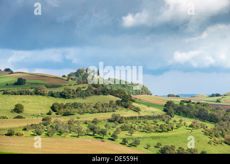 Les terres agricoles dans les collines de la région de l'Hegau avec champs, vergers et pâturages, Maegdeberg hill avec ruines de château à l'arrière Banque D'Images