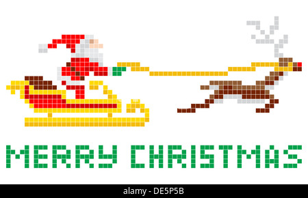 Retro 8-bit style jeu vidéo Arcade pixel art Noël Le Père Noël en traîneau avec Merry Xmas message Banque D'Images