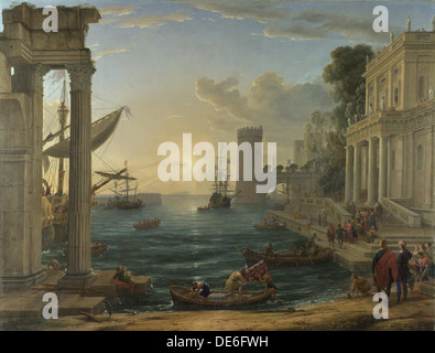 Port maritime avec l'embarquement de la Reine de Saba, 1648. Artiste : Lorrain, Claude (1600-1682) Banque D'Images