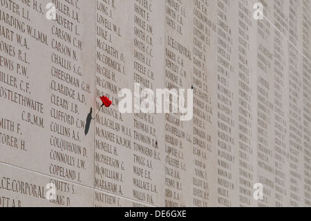 Joint au pavot nom gravé au mur avec des noms des disparus, Mémorial National Australien, Villers-Bretonneux, Somme Banque D'Images