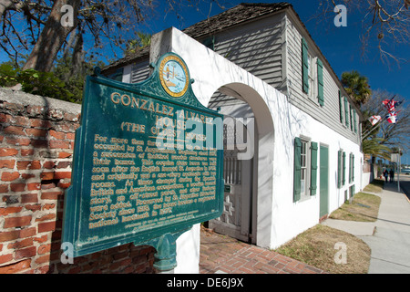 Maison GONZALEZ ALVAREZ MARQUEUR HISTORIQUE DE LA SOCIÉTÉ HISTORIQUE DE SAINT AUGUSTIN SAINT AUGUSTINE EN FLORIDE USA Banque D'Images