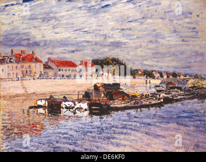 Les péniches sur le Loing à Moret-sur-Loing, 1885. Artiste : Sisley, Alfred (1839-1899) Banque D'Images