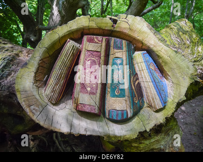 Sculpture en bois de la Magie des livres de sorts prises à Crich Tramway Village de Derbshire, Royaume-Uni. Banque D'Images