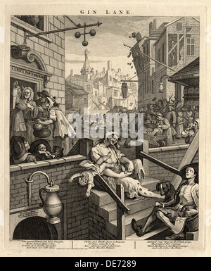 Gin Lane (Rue de la bière et le Gin Lane 2), 1751. Artiste : Hogarth, William (1697-1764) Banque D'Images