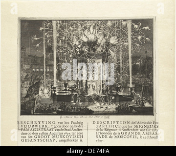 D'artifice pour souligner l'arrivée de l'ambassade de la Moscovie à Amsterdam 1697, 1697. Artiste : Allard, Carel (1648-1709) Banque D'Images