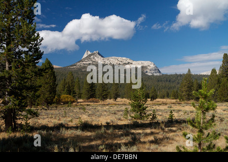 Cathedral Peak in Yosemite's haut pays une partie de la cathédrale gamme de montagnes de la Sierra Nevada en prairies Tuolumne Banque D'Images