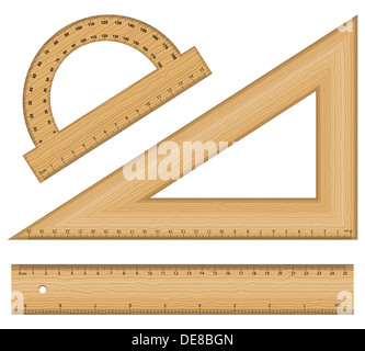 Règle en bois instruments sur un fond blanc. Vector illustration. Banque D'Images