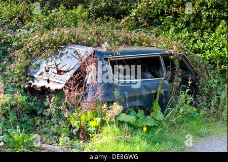 Austin Allegro en voiture abandonnée au sous-bois Westward Ho ! Devon, England, UK Banque D'Images