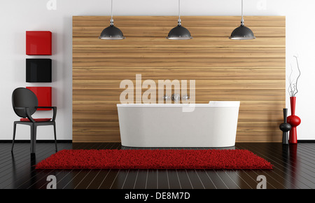 Salle de bains minimaliste avec une baignoire en pierre contre un panneau de bois d'équarrissage - Banque D'Images