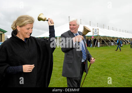 KELSO , Ecosse, Royaume-Uni. 13 septembre 2013. La Société d'Agriculture de l'Union européenne aux frontières, le Ram 2013 Cydectin Kelso Ventes est le 175e anniversaire de la vente de Ram. 5107 béliers ont été saisis à vendre avec 9 commissaires-priseurs. Une cloche est traditionnellement appelé précisément à 10h00 par le Secrétaire de la Société pour indiquer le début de la vente. Son Altesse Royale la comtesse de Wessex aide Ron Wilson, Secy de Salon de l'agriculture de l'Union européenne aux frontières avec la sonnerie traditionnelle d'une cloche pour marquer le début de la vente (Crédit photo : Rob Gray) Crédit : Rob Gray/Alamy Live News Banque D'Images