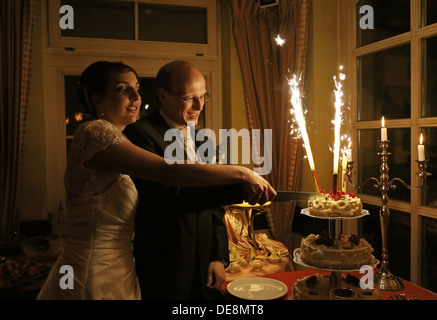 Wernigerode, Allemagne, mariée et le marié couper le gâteau de mariage ensemble à Banque D'Images