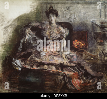 Après le concert. Portrait de N. Zabela-Vrubel à la cheminée dans une robe conçue par Vroubel, 1905. Artiste : Mikhail Alexandrovitch Vroubel, (1856-1910 Banque D'Images