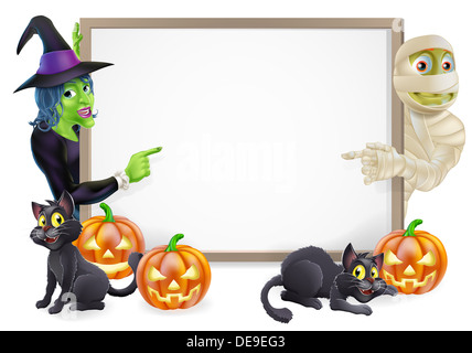 Signe ou la bannière d'Halloween avec des citrouilles d'Halloween orange et noir, les chats de la sorcière witch's broom stick et cartoon witch et maman Banque D'Images