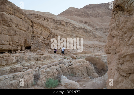 Trek dans le Wadi Zeelim. Désert de Judée. Israël. Banque D'Images