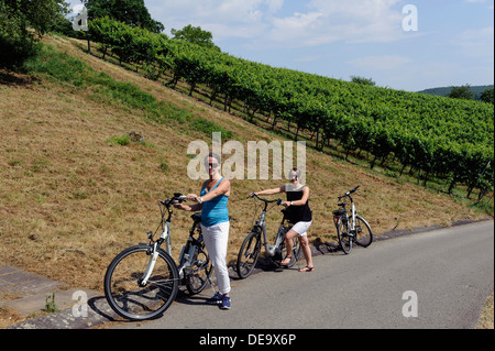 Les touristes sur l'E-Bikes, vin rouge de Franconie sentier de randonnée dans les vignobles de Buergstadt, Bavaraia, Allemagne Banque D'Images