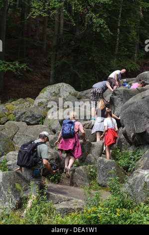 Visiteurs à Felsenmeer (mer de rochers) près de Lautertal-Reichenbach dans Forêt d'Odes, Hesse, Allemagne Banque D'Images