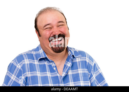 Portrait of a young man barbu joyeux rire bruyant, isolé sur fond blanc Banque D'Images