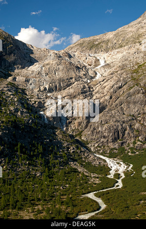 Le lit libre de glace fondue du glacier du Rhône, la source du Rhône, à Gletsch, Valais, Suisse, Europe Banque D'Images