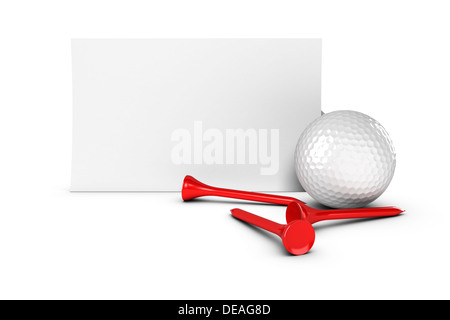 Inscrivez-golf, carte de visite ou une boîte de texte sur fond blanc avec une balle et trois tees. Banque D'Images