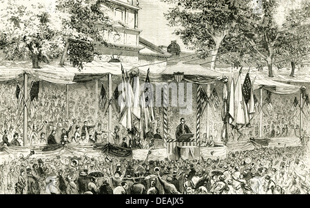 Une lecture de l'original de la Déclaration de l'indépendance à Philadelphie le 4 juillet 1876, à l'Independence Hall de Philadelphie. Banque D'Images