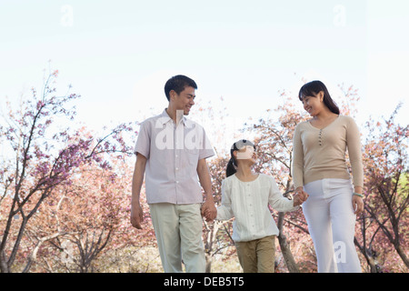 Happy Family et de prendre une marche parmi les cerisiers dans un parc au printemps, Beijing Banque D'Images