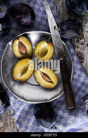 Les prunes (Prunus domestica) sur une plaque d'étain, avec un couteau et une serviette de cuisine Banque D'Images